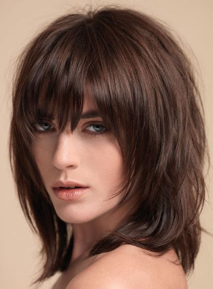 Layered Shag Hairstyle with Full Fringe Middle Length Synthetic Capless Women Wigs