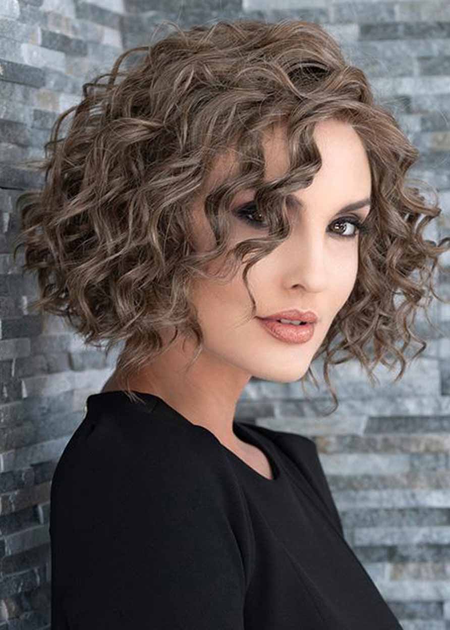 Kurze Bob-Frisuren für Damen, lockig, tiefe Locken, Echthaar-Mischung, kappenlose Perücken, 16 Zoll 