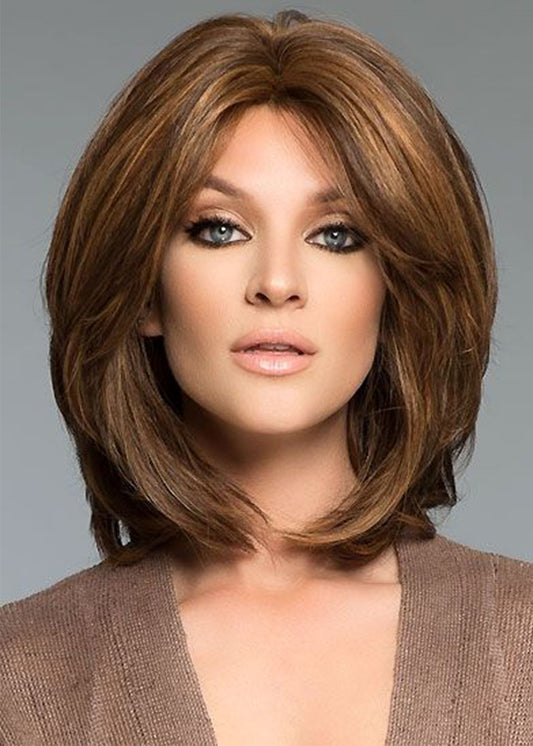 Full Hair Mid Part Medium Bob Hairstyles Women's Natural Straight Huaman Hair Blend Capless Wigs 16Inch