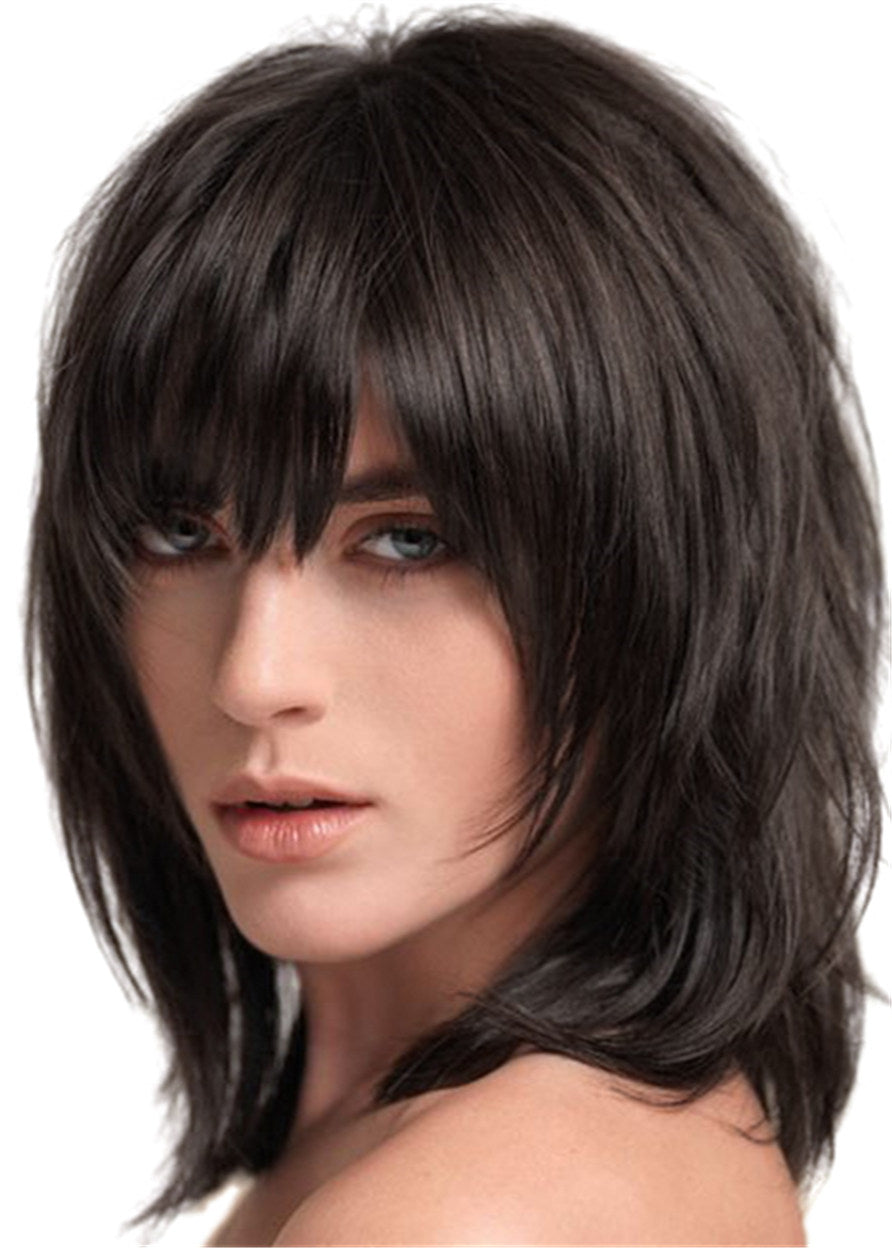 Layered Shag Hairstyle with Full Fringe Middle Length Synthetic Capless Women Wigs