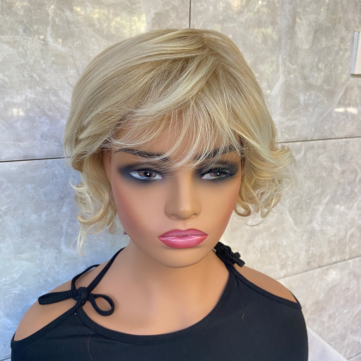 Short Curly Blonde Mix Synthetic Hair Wigs Women Soft