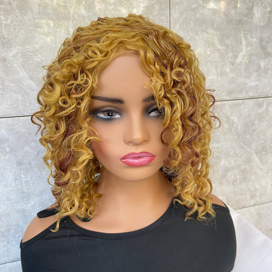 Medium Afro Curly Gold Blonde Mix Synthetic Hair Wigs