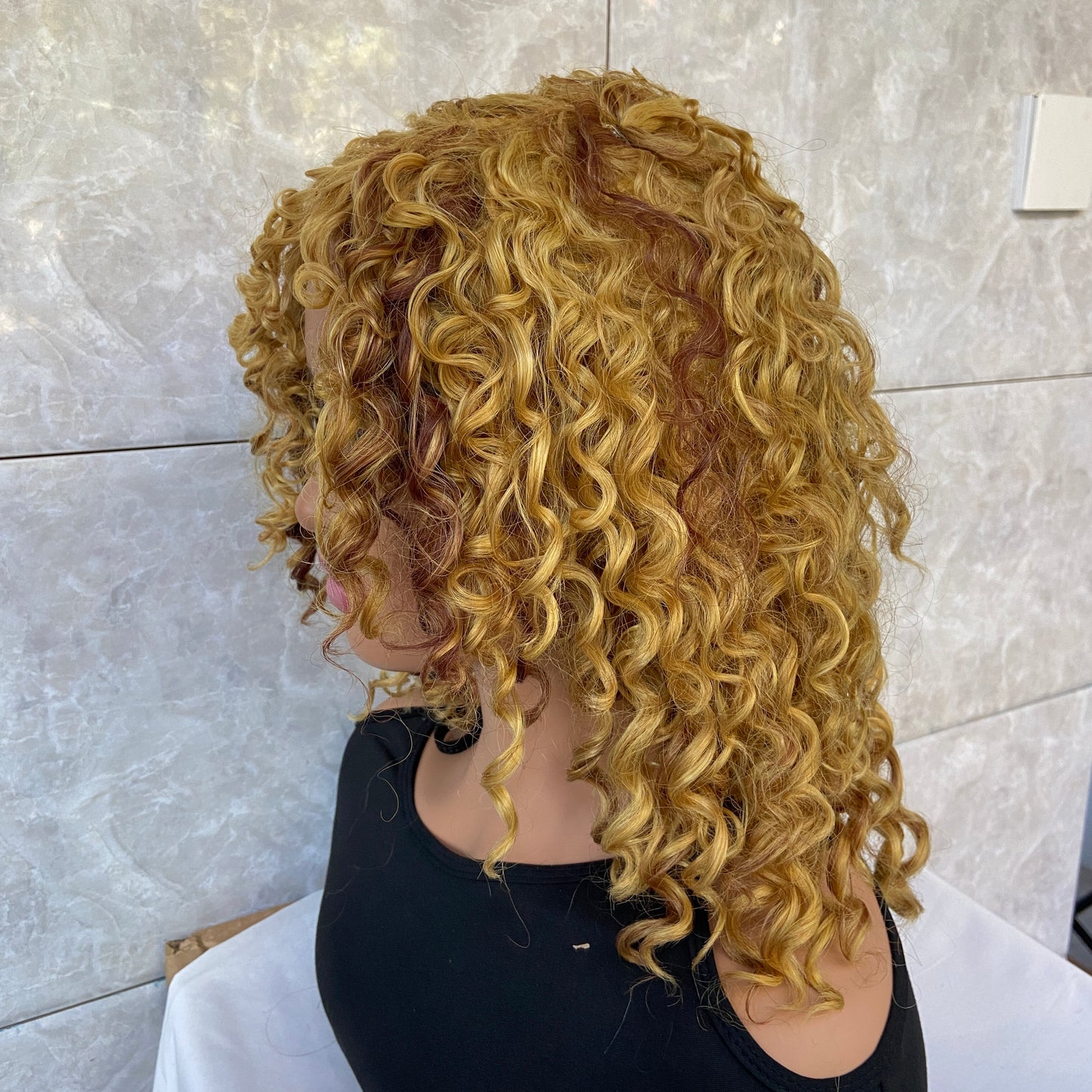 Medium Afro Curly Gold Blonde Mix Synthetic Hair Wigs