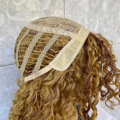 Medium Afro Curly Gold Blonde Mix Synthetic Hair Wigs