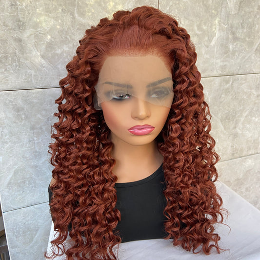 Long Curly Afro Auburn Mix Lace Front Wigs