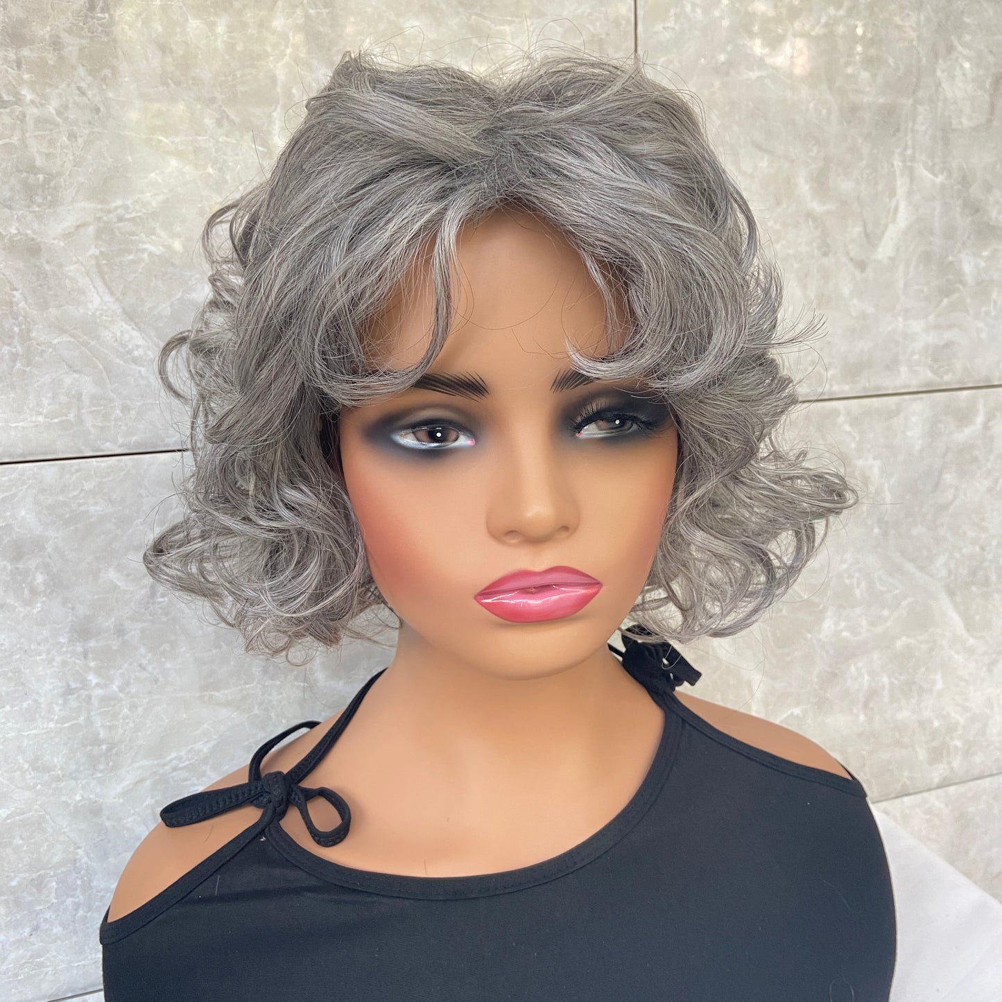 Short Fluffy Curly Gray Mix Synthetic Hair Wigs Women Soft