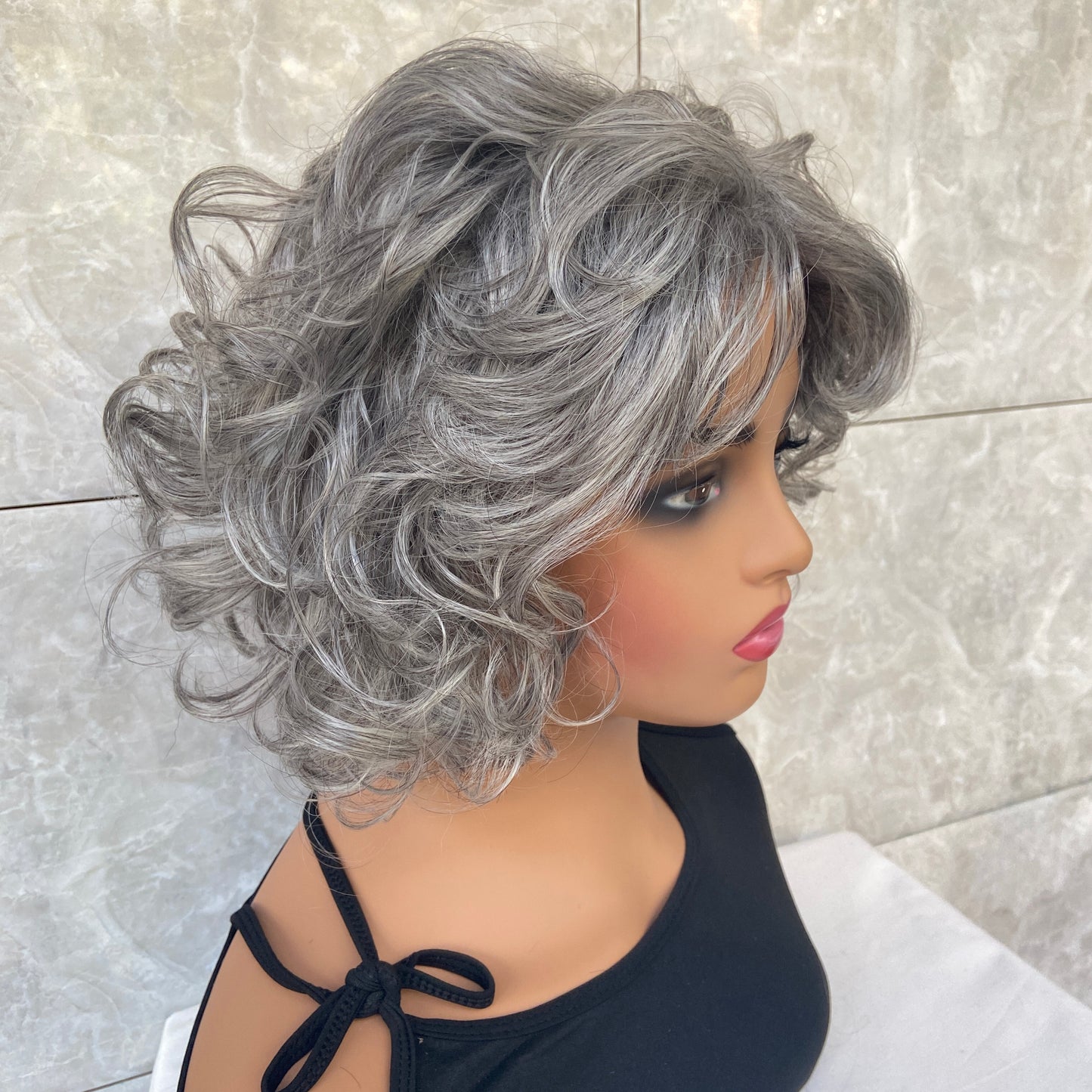 Short Fluffy Curly Gray Mix Synthetic Hair Wigs Women Soft