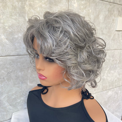 Short Fluffy Curly Gray Mix Synthetic Hair Wigs Women Soft