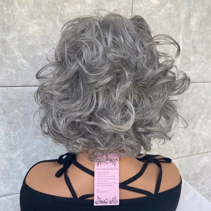 Short Fluffy Curly Gray Mix Synthetic Hair Wigs Women Soft