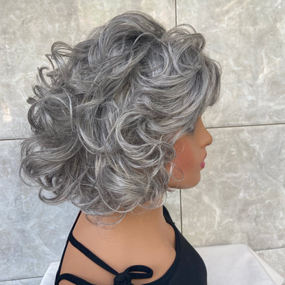 Short Fluffy Curly Gray Mix Synthetic Hair Wigs Women Soft