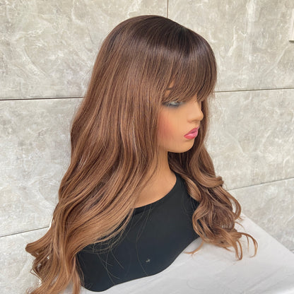 Long Wavy Rooted Brown Mix Synthetic Hair Wigs With Bangs