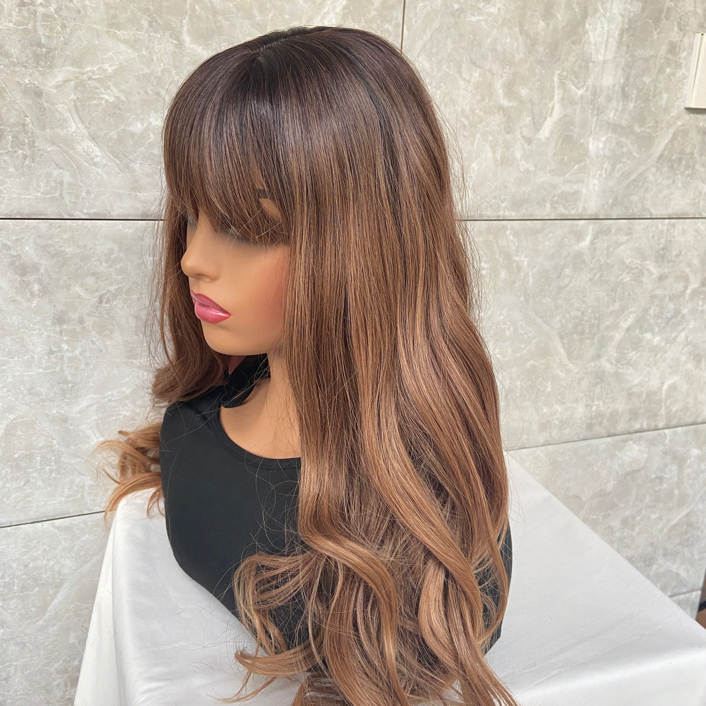 Long Wavy Rooted Brown Mix Synthetic Hair Wigs With Bangs