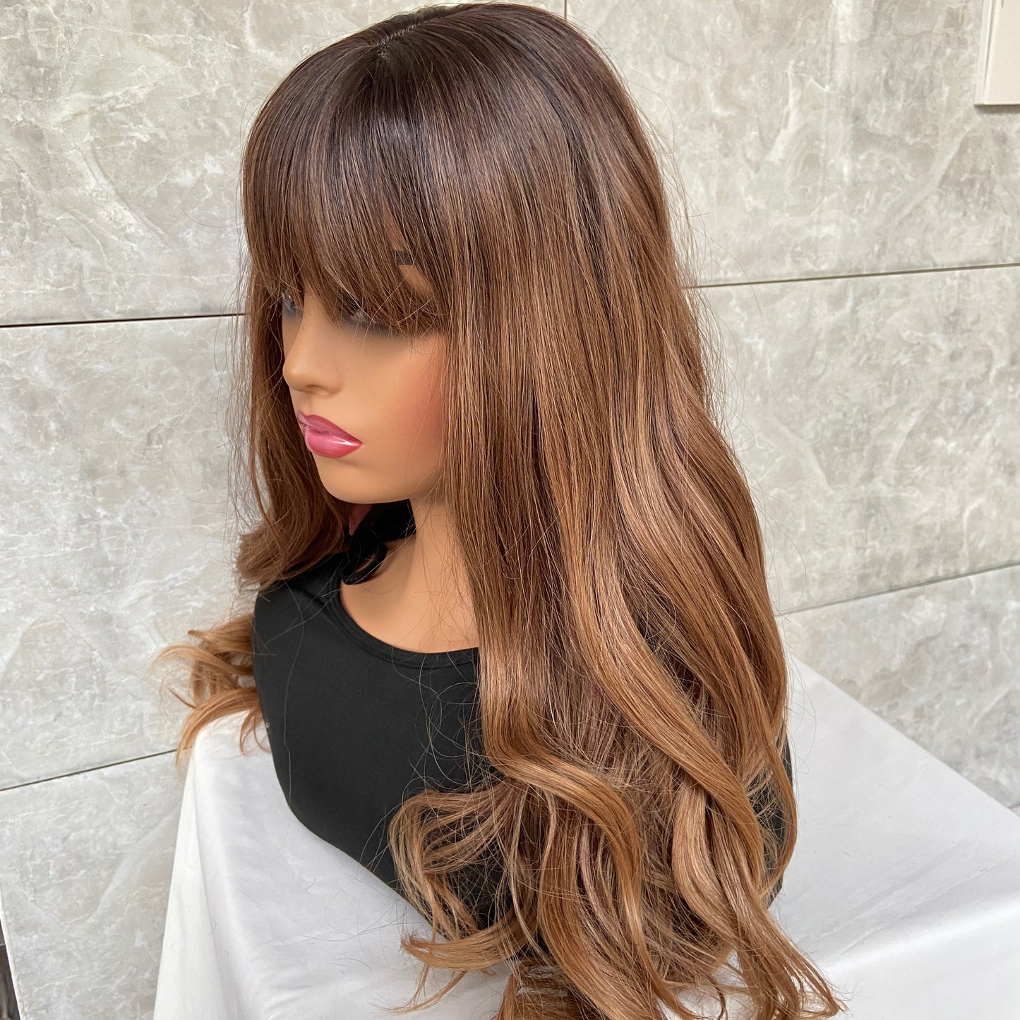 Long Wavy Rooted Brown Mix Synthetic Hair Wigs With Bangs