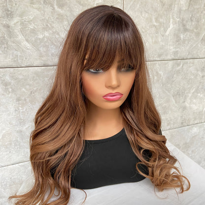 Long Wavy Rooted Brown Mix Synthetic Hair Wigs With Bangs