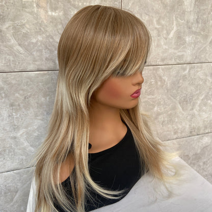 Long Layered Straight Cut Blonde Mix With Bangs Women Soft Natural