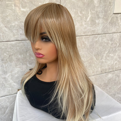 Long Layered Straight Cut Blonde Mix With Bangs Women Soft Natural