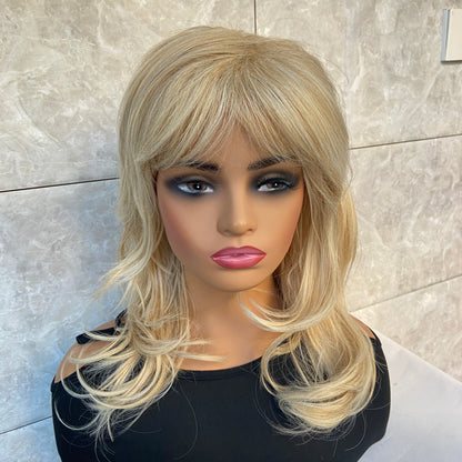 Natural Wavy Blonde Mix Soft Synthetic Hair Wigs With Bangs