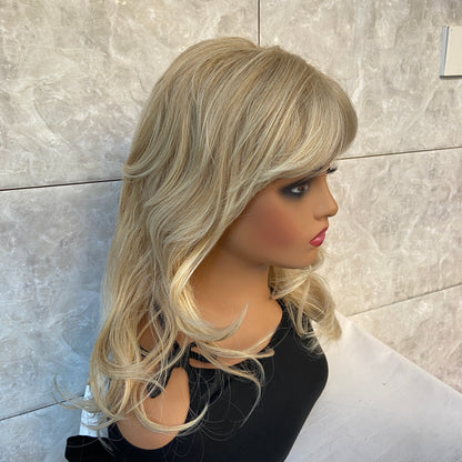 Natural Wavy Blonde Mix Soft Synthetic Hair Wigs With Bangs