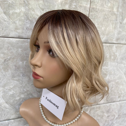 Choppy Bobs Wavy Hairstyle Blonde Mix Dark Top Synthetic Hair Wigs Women Natural