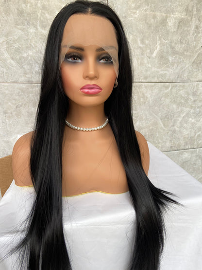 Long Straight Lace Front Human Hair Blend Heat Ok Wigs For Black Women