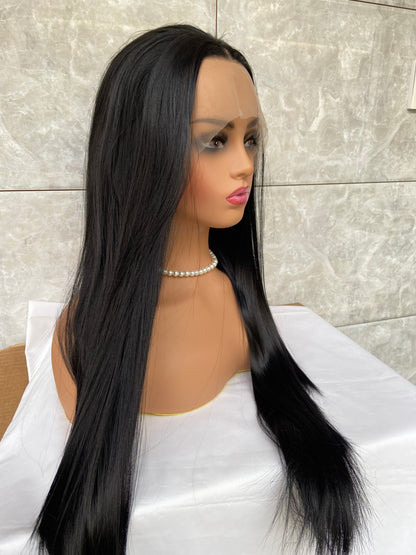 Long Straight Lace Front Human Hair Blend Heat Ok Wigs For Black Women