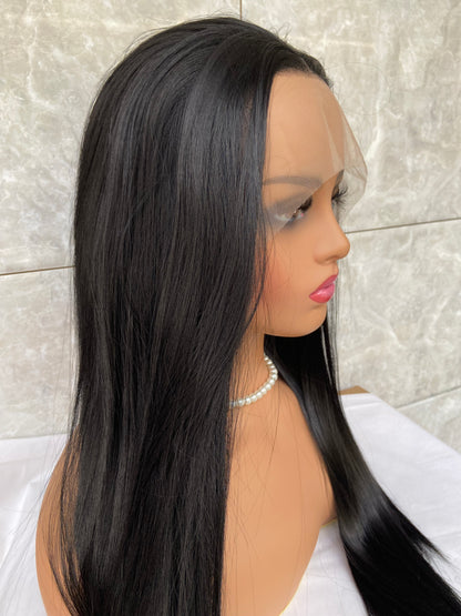 Long Straight Lace Front Human Hair Blend Heat Ok Wigs For Black Women