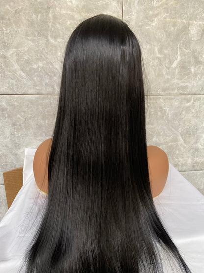 Long Straight Lace Front Human Hair Blend Heat Ok Wigs For Black Women