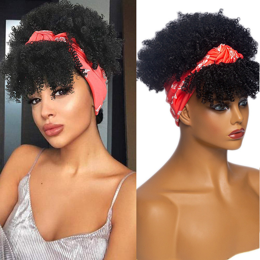 Short Afro Fluffy Curly Synthetic Hair Wigs Handband Women