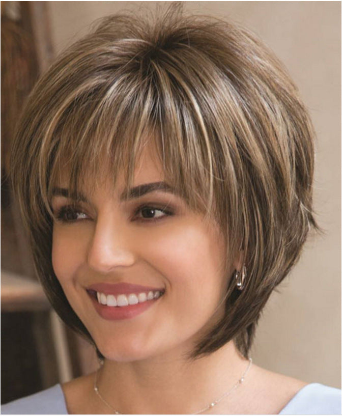 Short Layered Straight Brown Blonde Mix Synthetic Hair Wigs Women