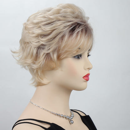 Short Layered Cut Curly Gold Mix Synthetic Hair Wigs Women Soft Natural