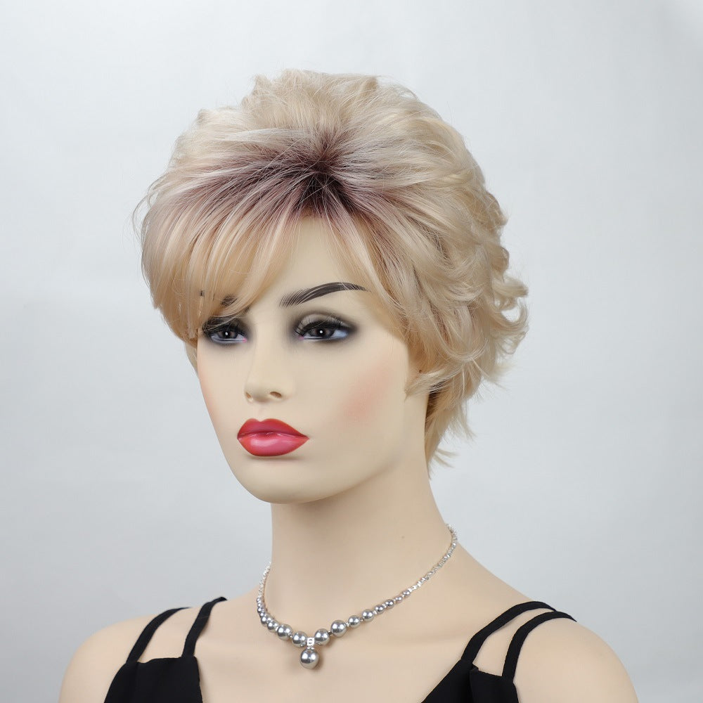 Short Layered Cut Curly Gold Mix Synthetic Hair Wigs Women Soft Natural