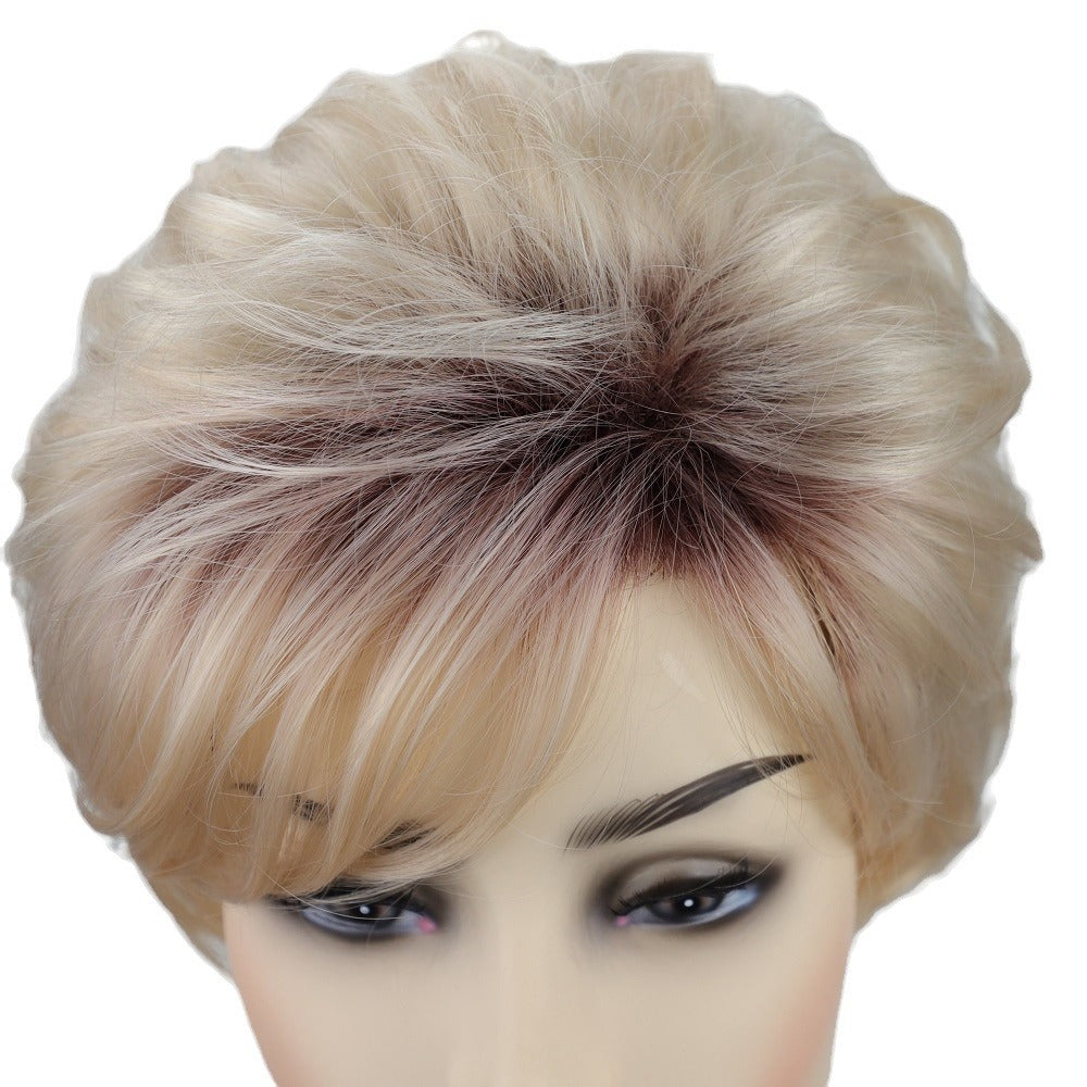 Short Layered Cut Curly Gold Mix Synthetic Hair Wigs Women Soft Natural