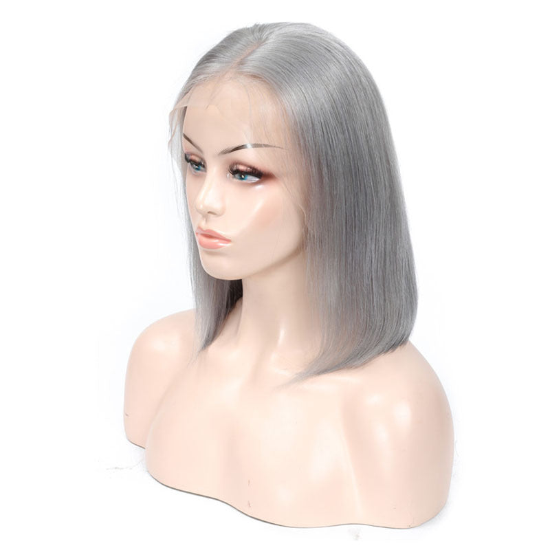 Women Bob Gray Lace Front Human Hair Wigs 12 Inches