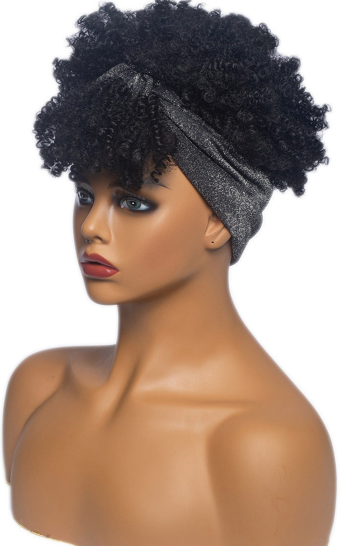 Short Afro Fluffy Curly Synthetic Hair Wigs Handband Women