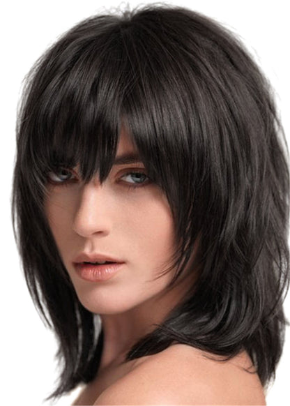 Layered Shag Hairstyle with Full Fringe Middle Length Synthetic Capless Women Wigs