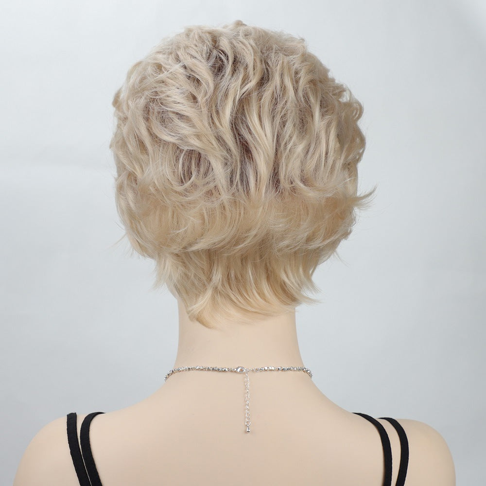 Short Layered Cut Curly Gold Mix Synthetic Hair Wigs Women Soft Natural