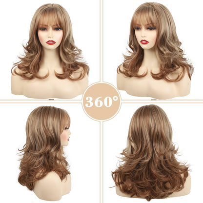 Long Wavy Brown Mix Highlight Synthetic Hair Wigs Women Natural