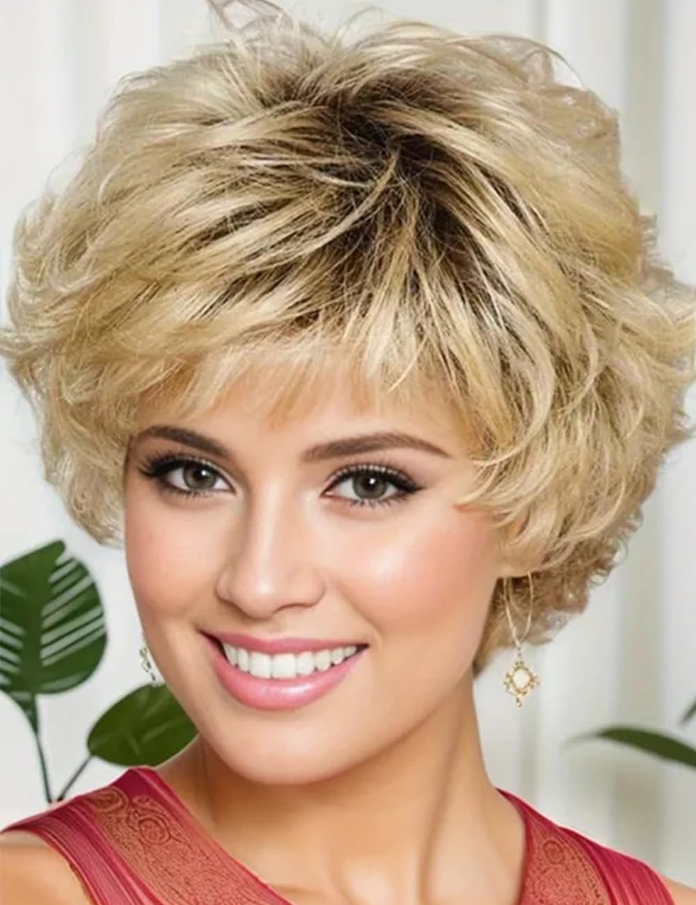 Short Layered Cut Curly Gold Mix Synthetic Hair Wigs Women Soft Natural