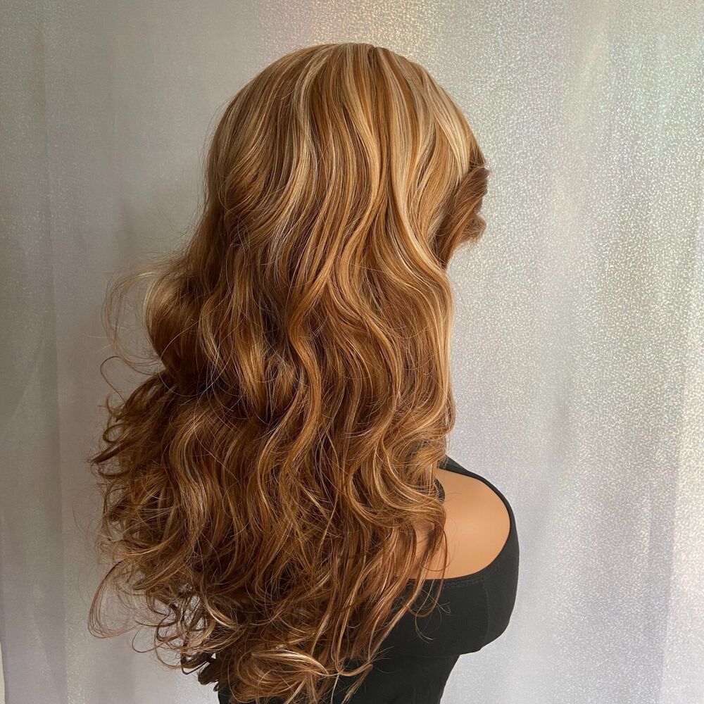 Long Fluffy Wavy Highlight Blonde Brown Auburn Mix Wigs