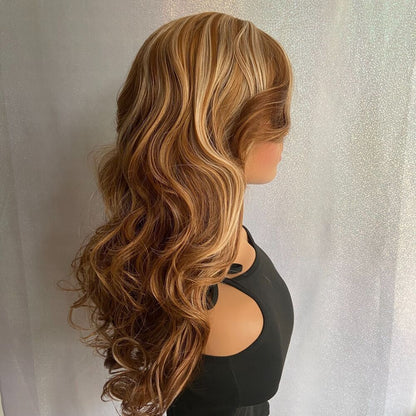 Long Fluffy Wavy Highlight Blonde Brown Auburn Mix Wigs