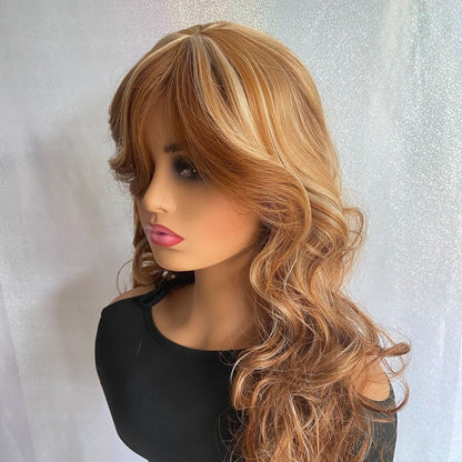 Long Fluffy Wavy Highlight Blonde Brown Auburn Mix Wigs