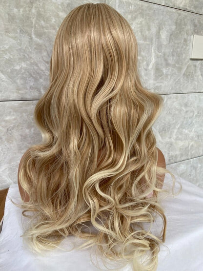 Long Natural Wavy Blonde Mix Human Hair Blend Heat Ok Wigs Women Soft Natural