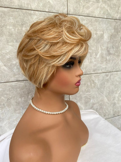 Short Fluffy Wavy Blonde Mix Human Hair Blend Heat Ok Wigs Women Soft Natural