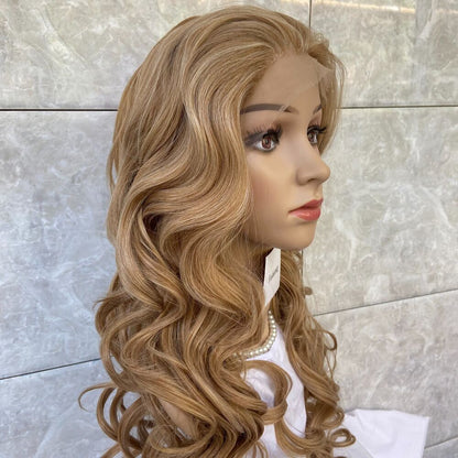 Super Natural Lace Front Human Hair Blend Heat Ok Wigs Blonde Mix Women Daily