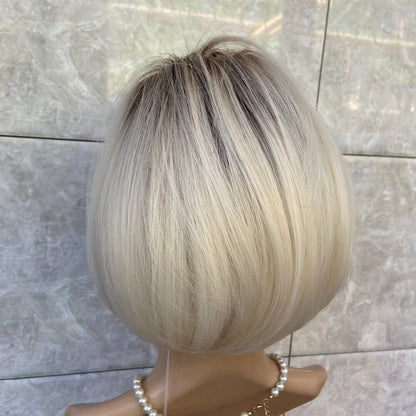 Short Bob Hairstyle Dark Roots Blonde Mix Human Hair Blend Heat Ok Wig Natural