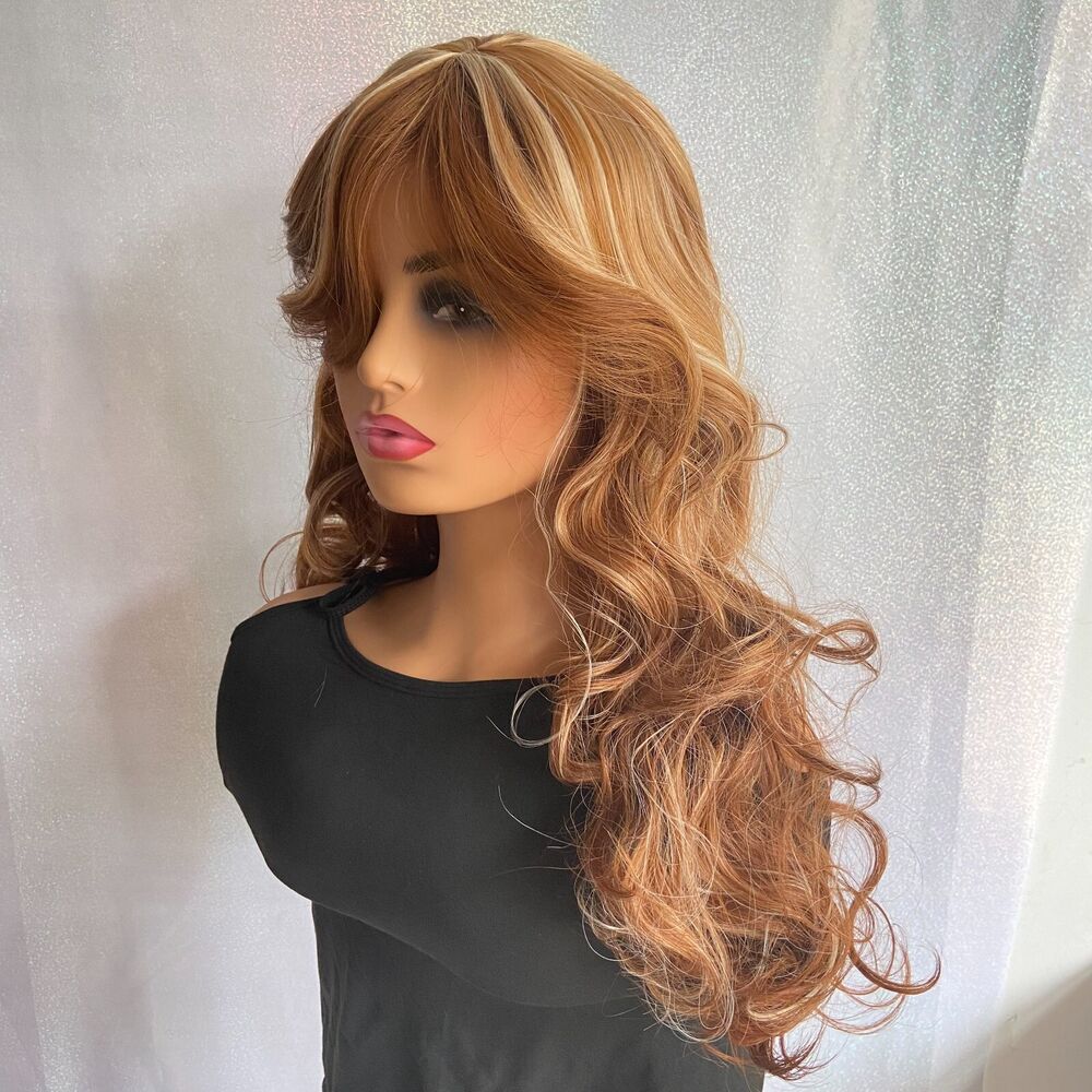 Long Fluffy Wavy Highlight Blonde Brown Auburn Mix Wigs