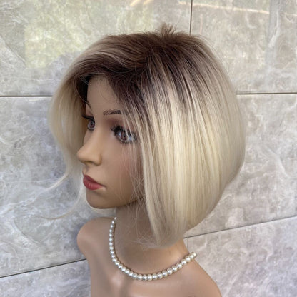 Short Bob Hairstyle Dark Roots Blonde Mix Human Hair Blend Heat Ok Wig Natural