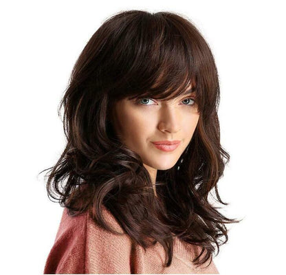 Shoulder Length Brown Hair Wigs for Women Synthetic Wavy Hair Wig with Bangs