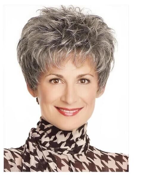 Short Spiky Gray Straight Human Hair Blend Heat Ok Wig For Grandma Soft Natural