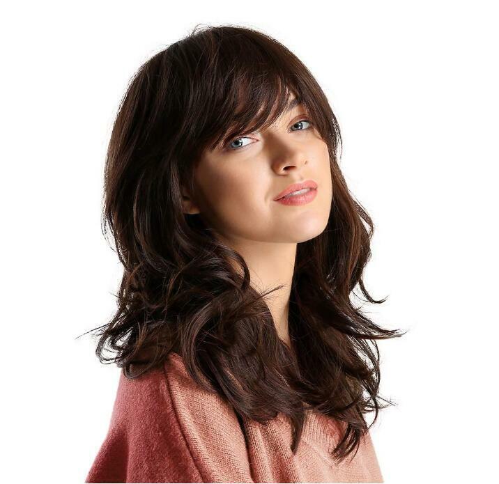 Shoulder Length Brown Hair Wigs for Women Synthetic Wavy Hair Wig with Bangs